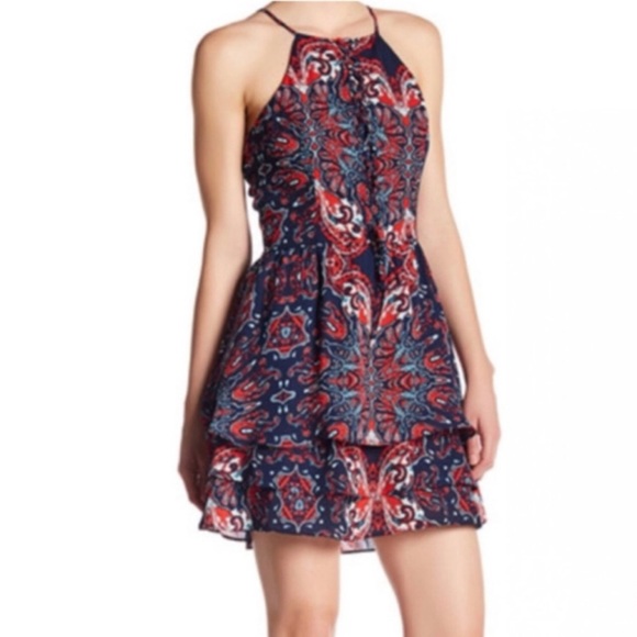 PARKER Dax Slim Fit High Square Neck Spaghetti Strap Ruffle Dress